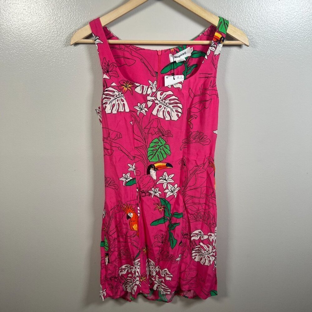 Desigual Mini Dress Size XS Pink Tropical Birds Parrot Vacation Resort Wear